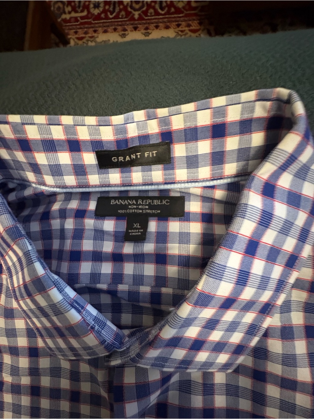 Banana Republic Blue and White Plaid Men's Dress Shirt with Red Accents